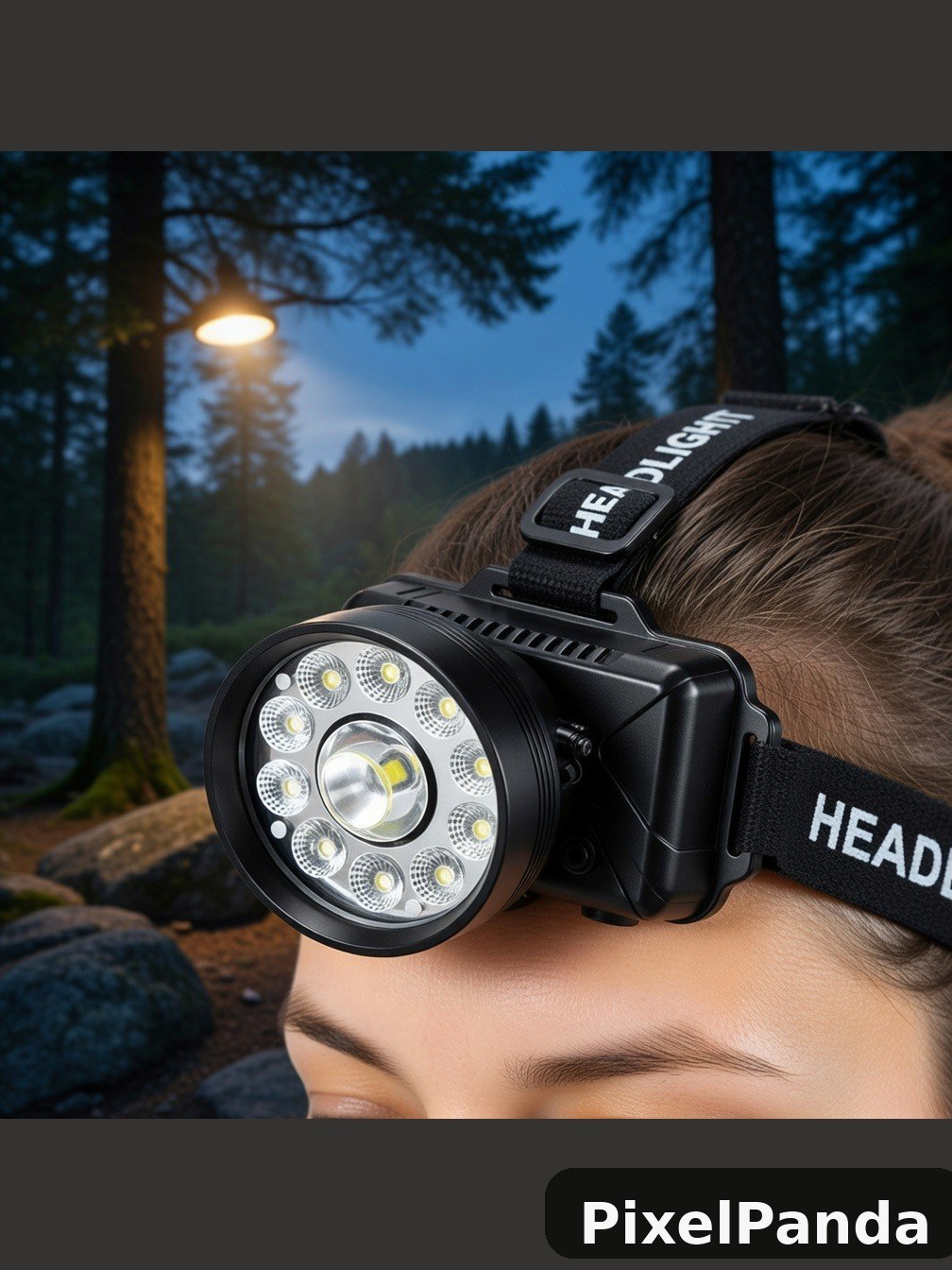 LED headlamp worn in forested twilight setting