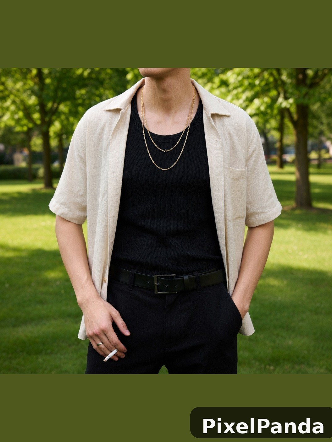 Person in beige shirt and black tee in sunny park setting