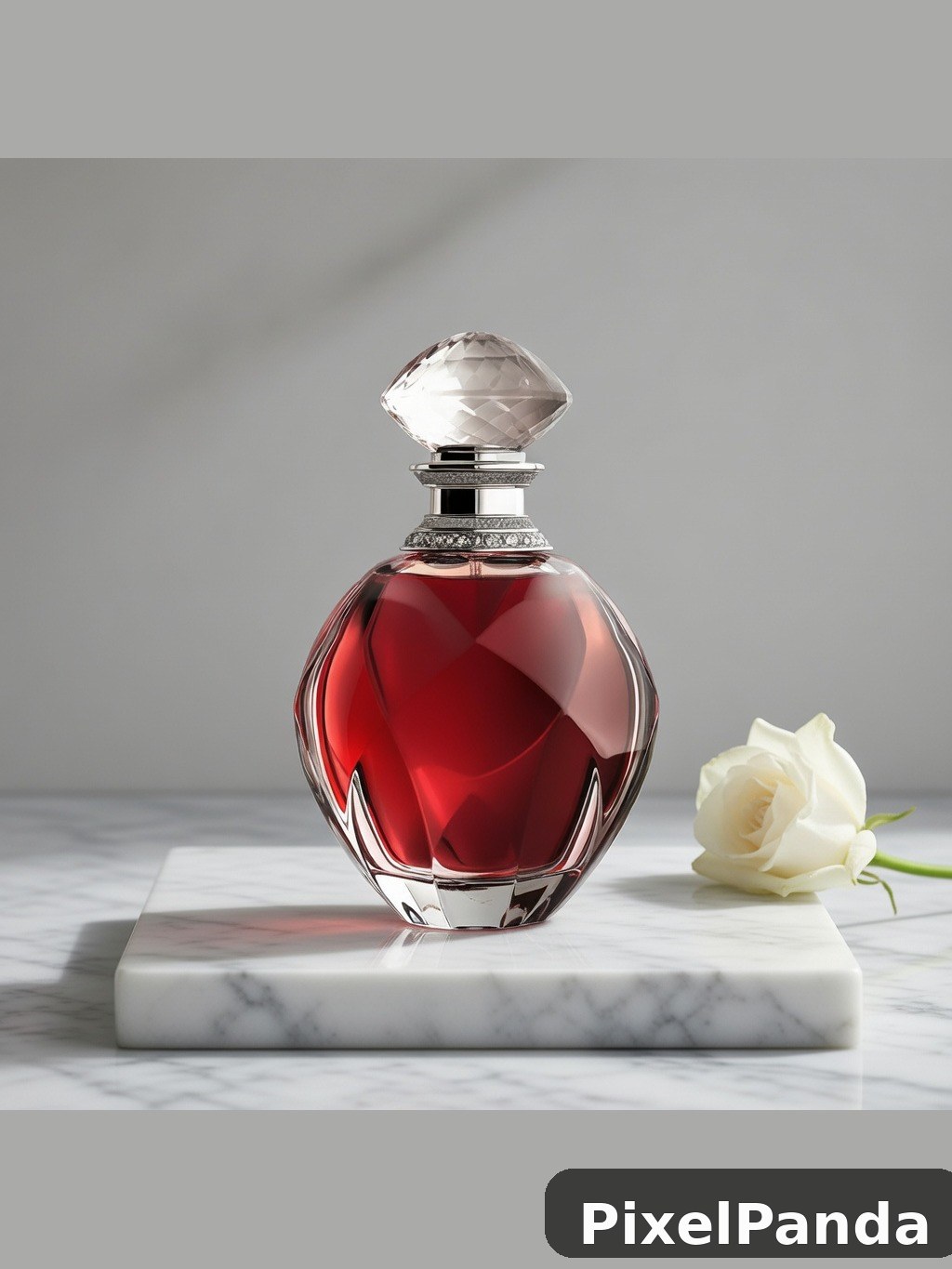 Red perfume bottle with crystal stopper on marble base