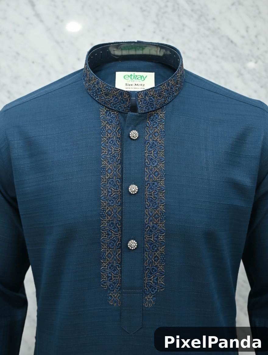 Teal blue tunic with embroidered gold trim and pearl buttons