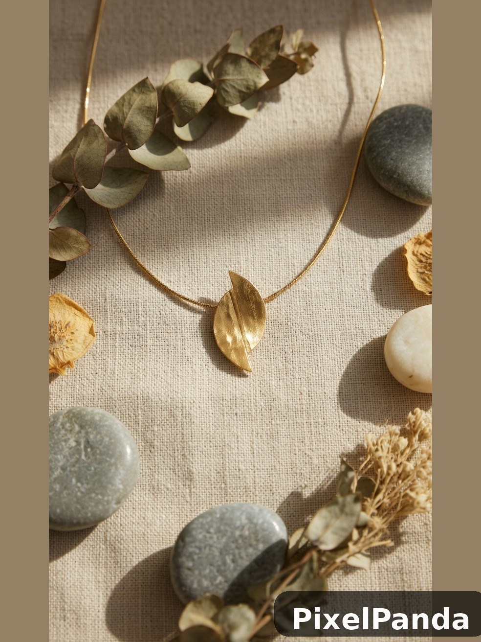 Gold leaf pendant necklace with dried botanicals and stones