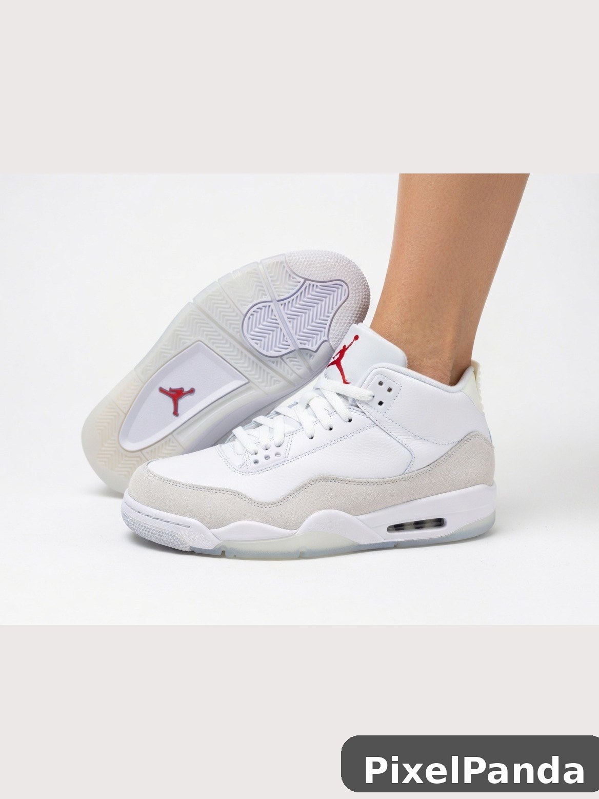 White leather mid-top sneaker with beige suede panel and red logo