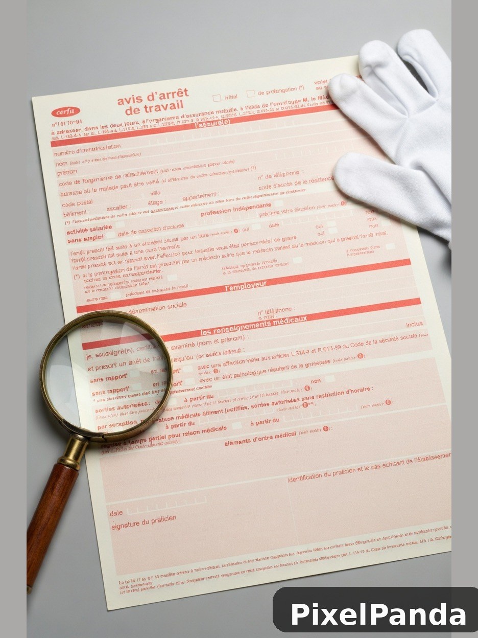 French medical form with magnifying glass and white gloves on gray surface