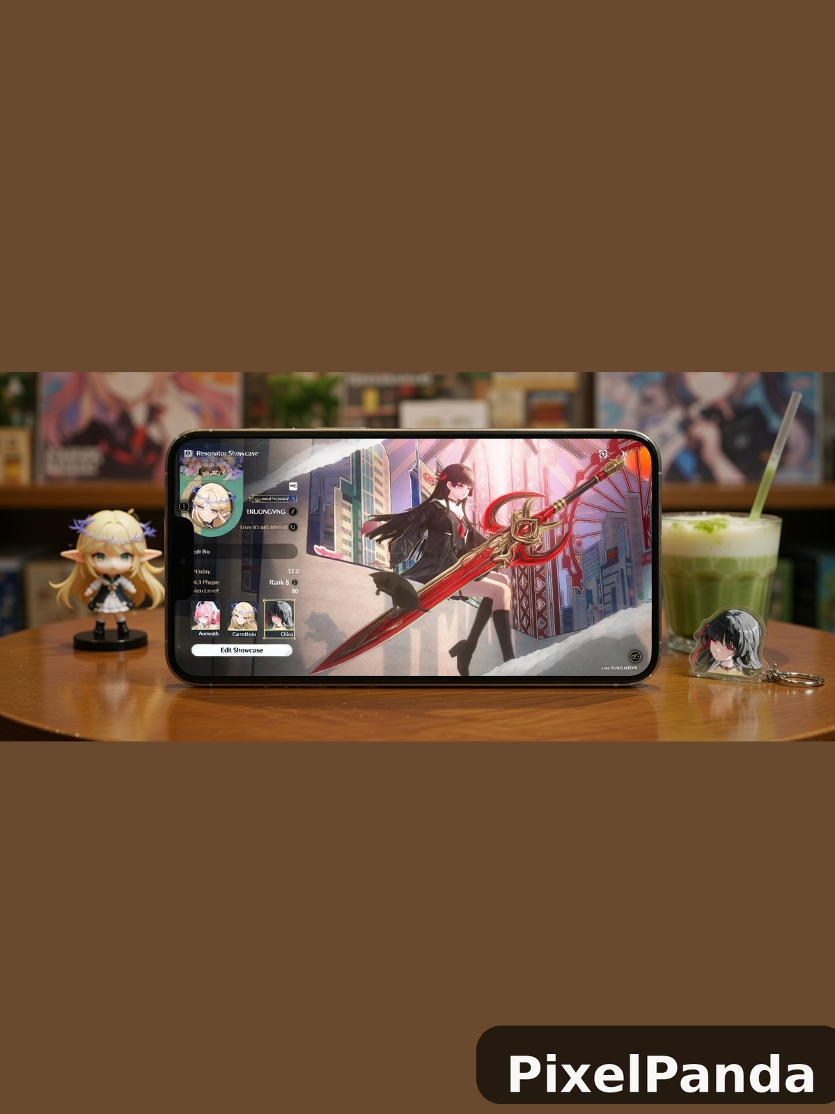 Anime game displayed on smartphone with collectible figures nearby