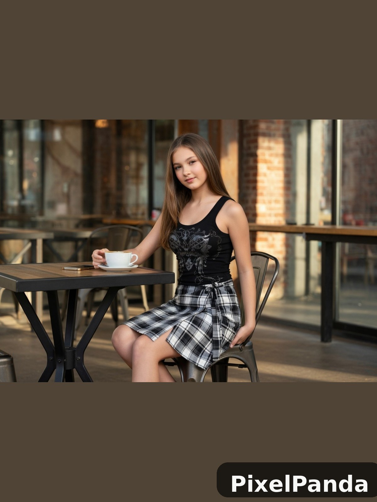 Woman in black tank and plaid skirt seated at café table