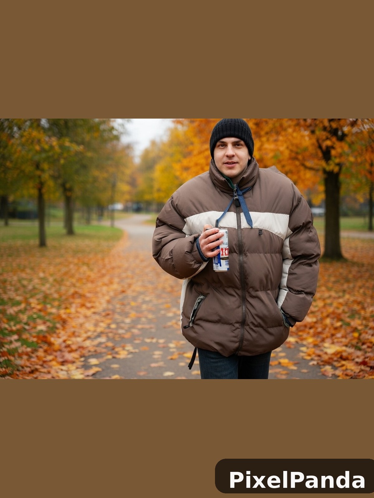 Man jogging in autumn park wearing brown puffer jacket