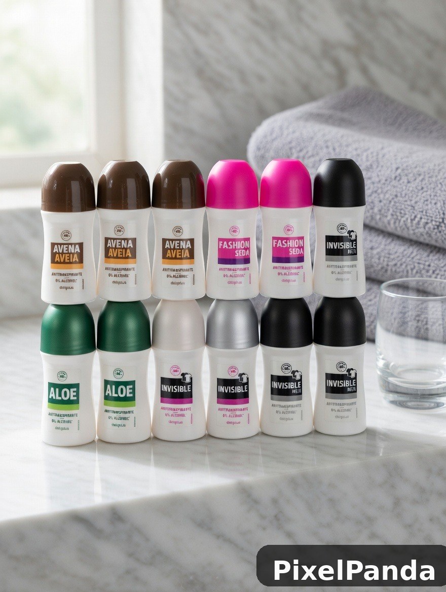 Six roll-on deodorant bottles with brown, pink, and black caps arranged in two rows