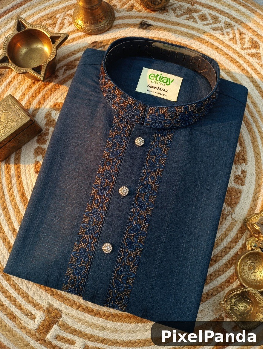 Navy blue kurta with gold embroidered trim and pearl buttons