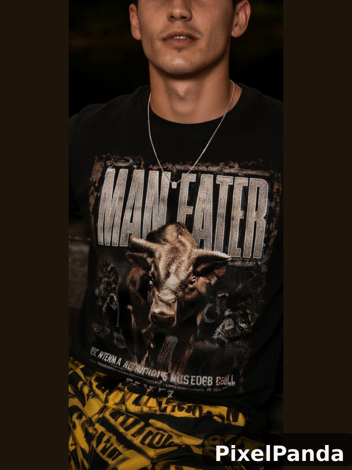Man in black graphic tee with goat image and silver chain necklace