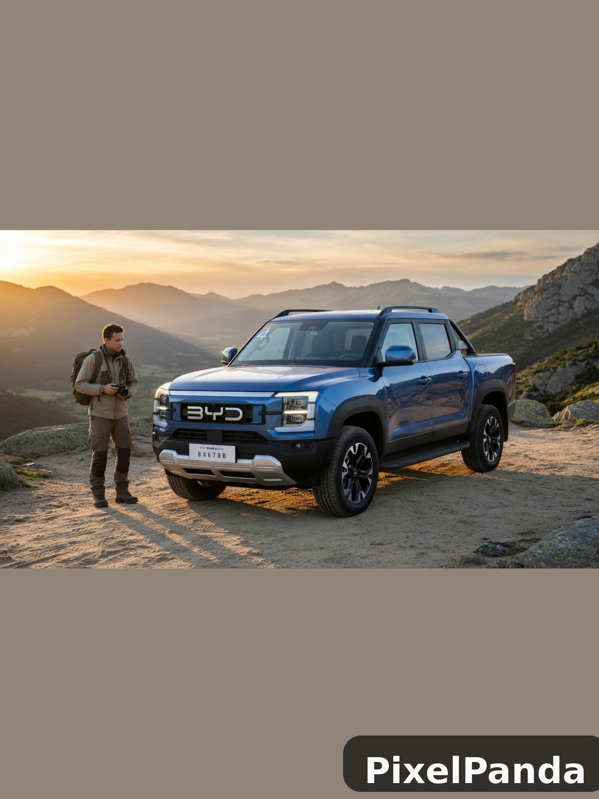 Man in tan jacket beside blue pickup truck at mountain overlook