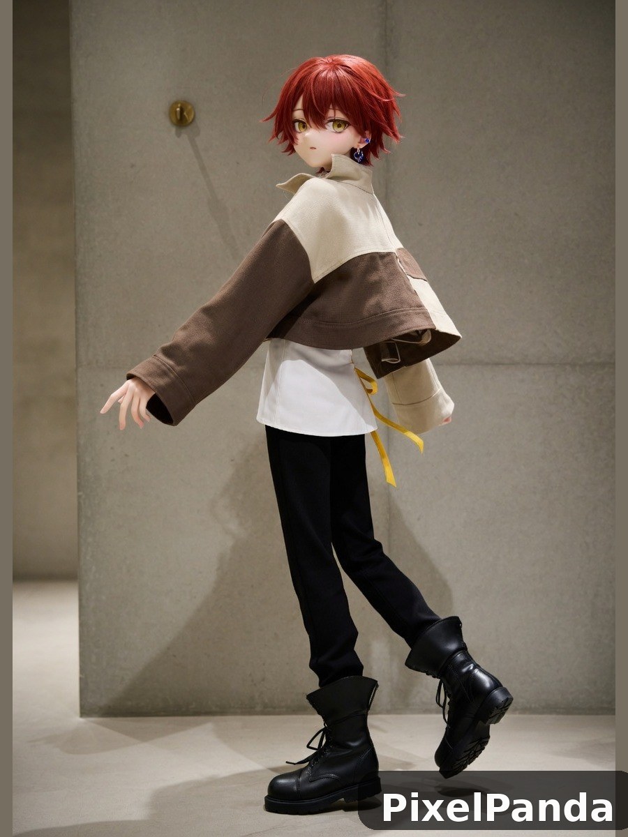 Red-haired figure in brown and white cape with black boots
