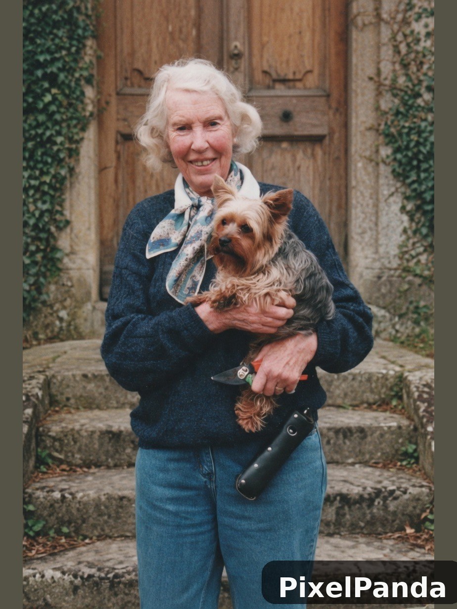 Woman with white hair holding terrier in stone courtyard