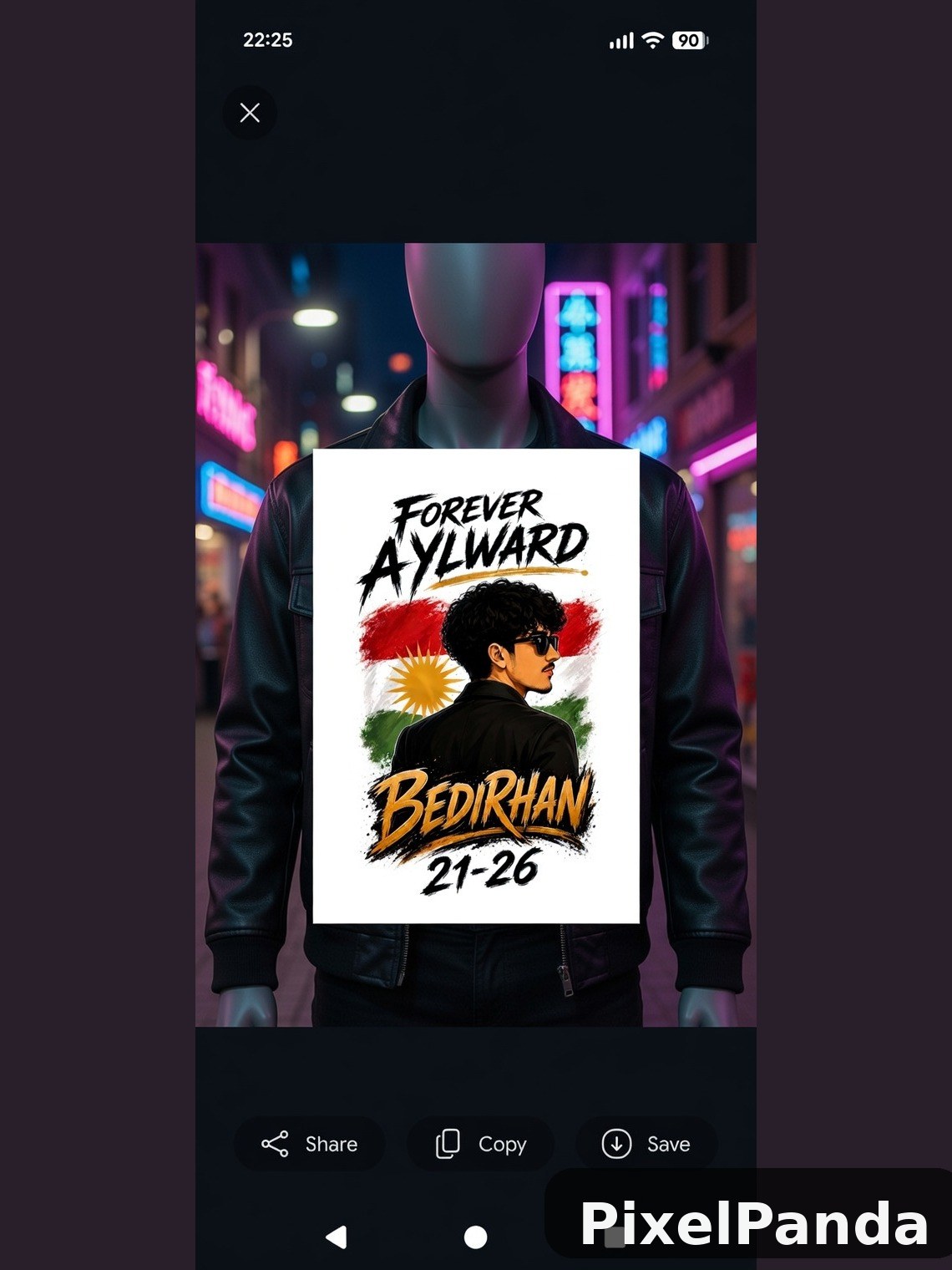 Mannequin in black jacket with graphic tee in neon lit street