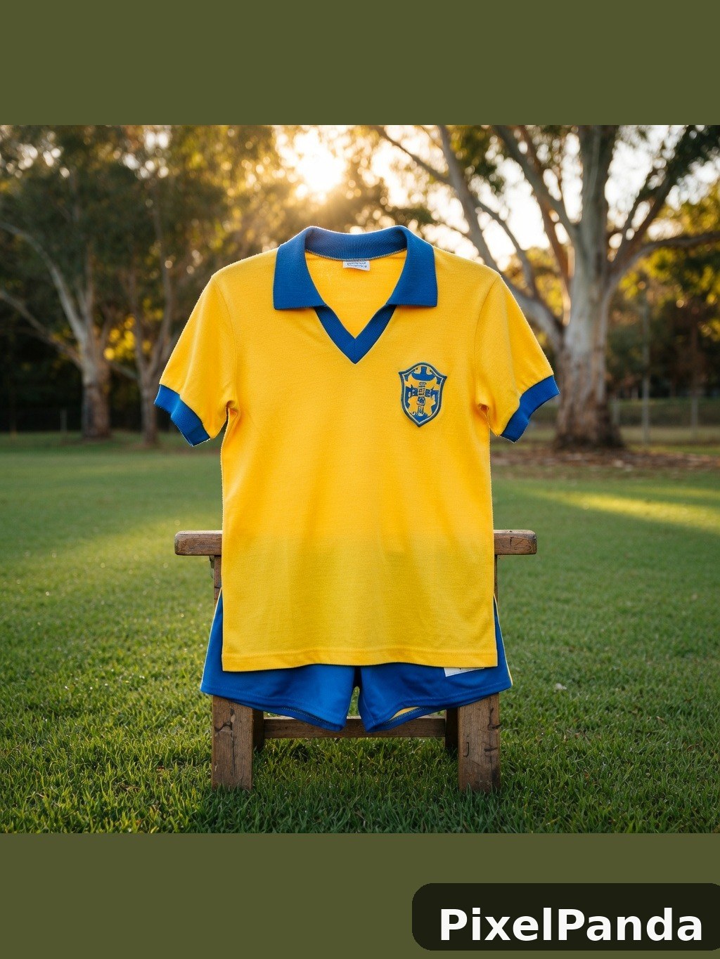 Yellow and blue soccer jersey displayed on wooden bench outdoors