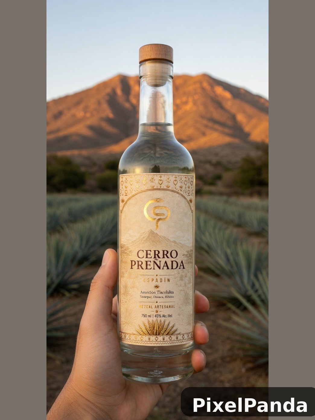 Clear mezcal bottle held against desert mountain landscape