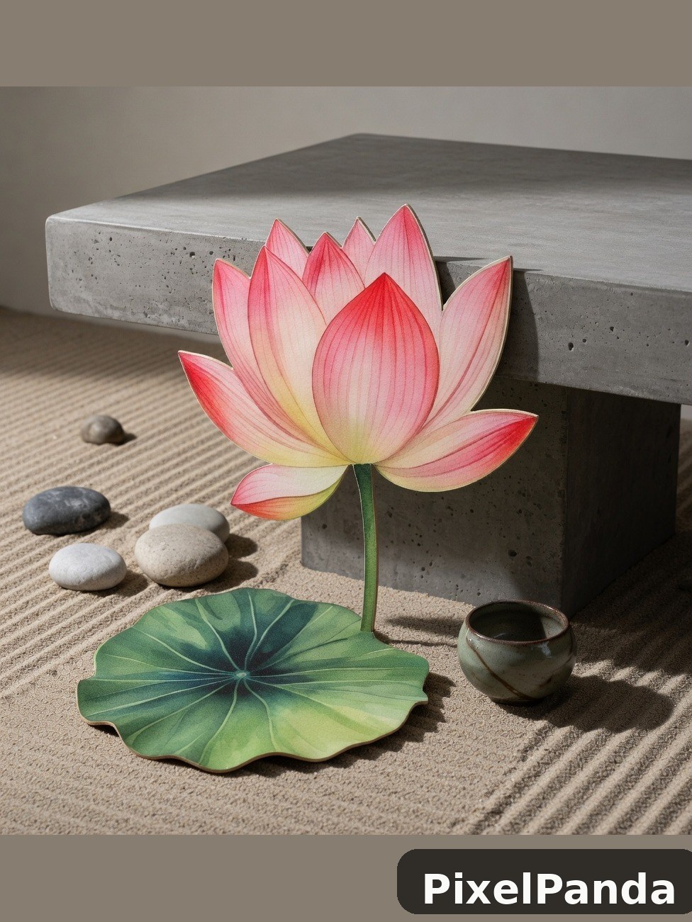 Pink lotus flower in zen garden with concrete blocks and stones