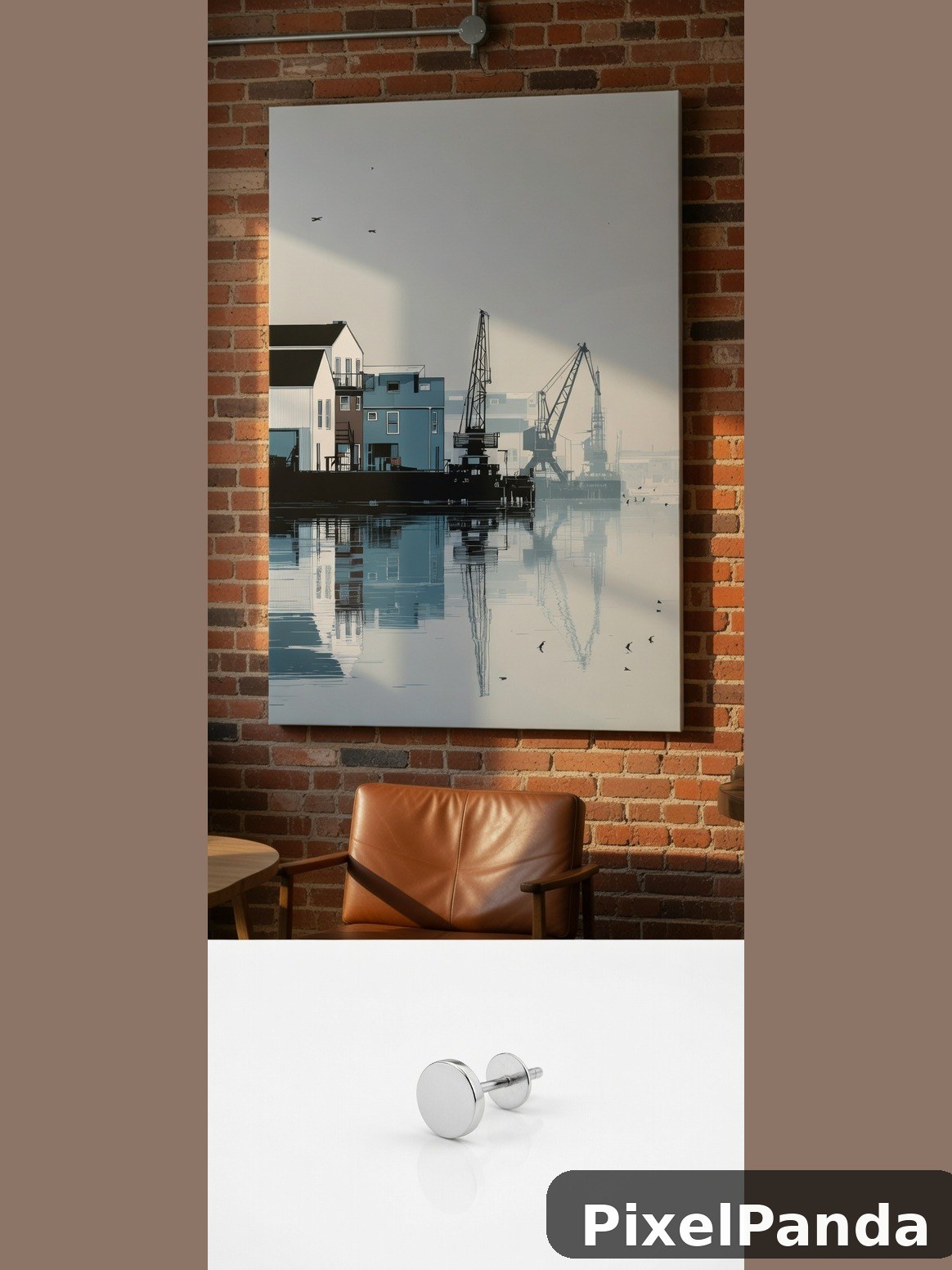 Industrial harbor scene printed on canvas in brick room setting
