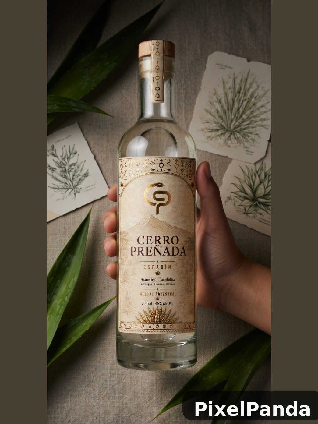 Hand holding bottle of mezcal with botanical sketches and agave leaves