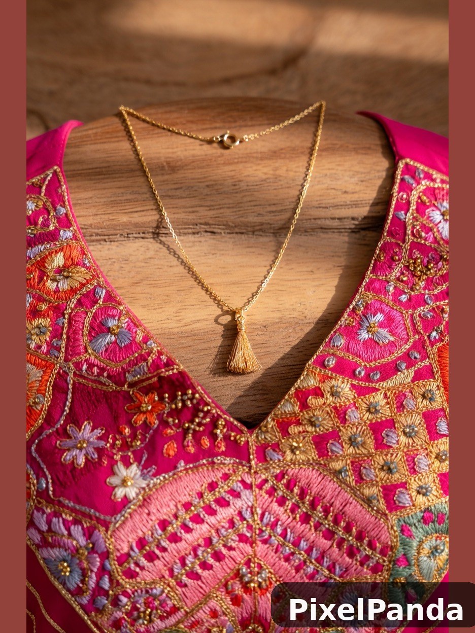 Gold tassel necklace on embroidered pink silk garment