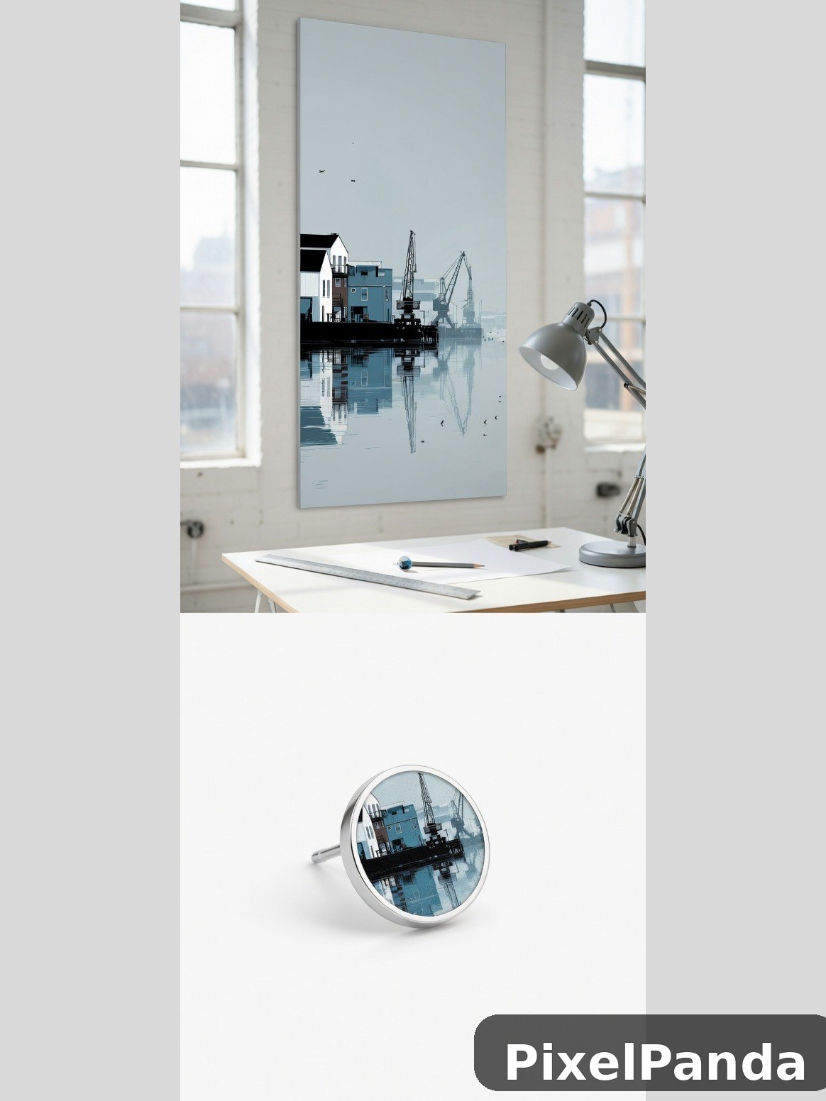 Industrial harbor artwork with matching metal ring design