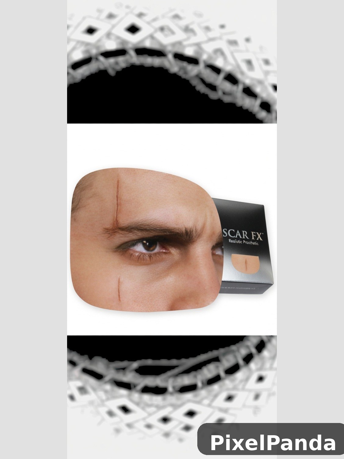 Silicone prosthetic face mask with scar makeup and packaging