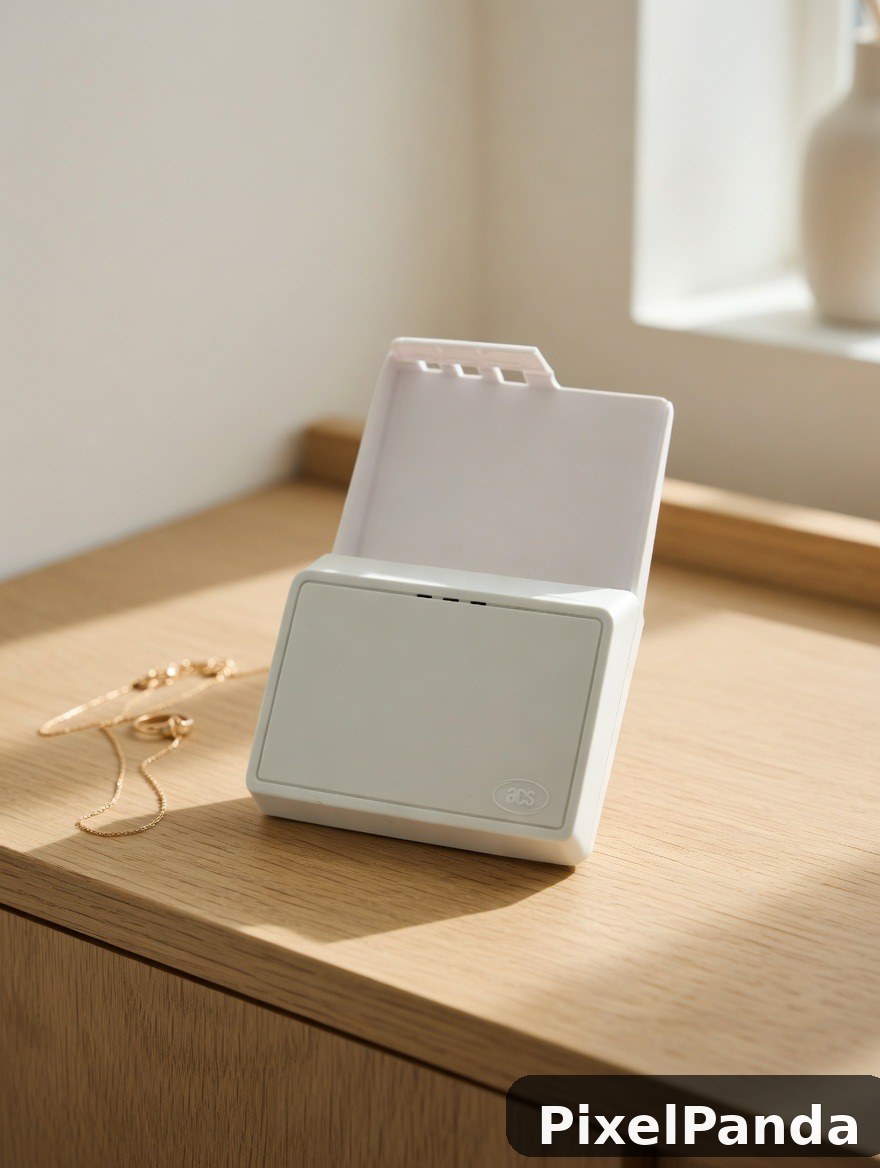 White card reader with open top on wooden surface