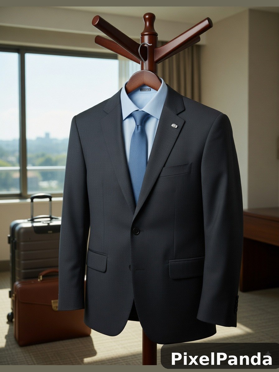 Dark gray business suit on wooden valet stand in hotel room