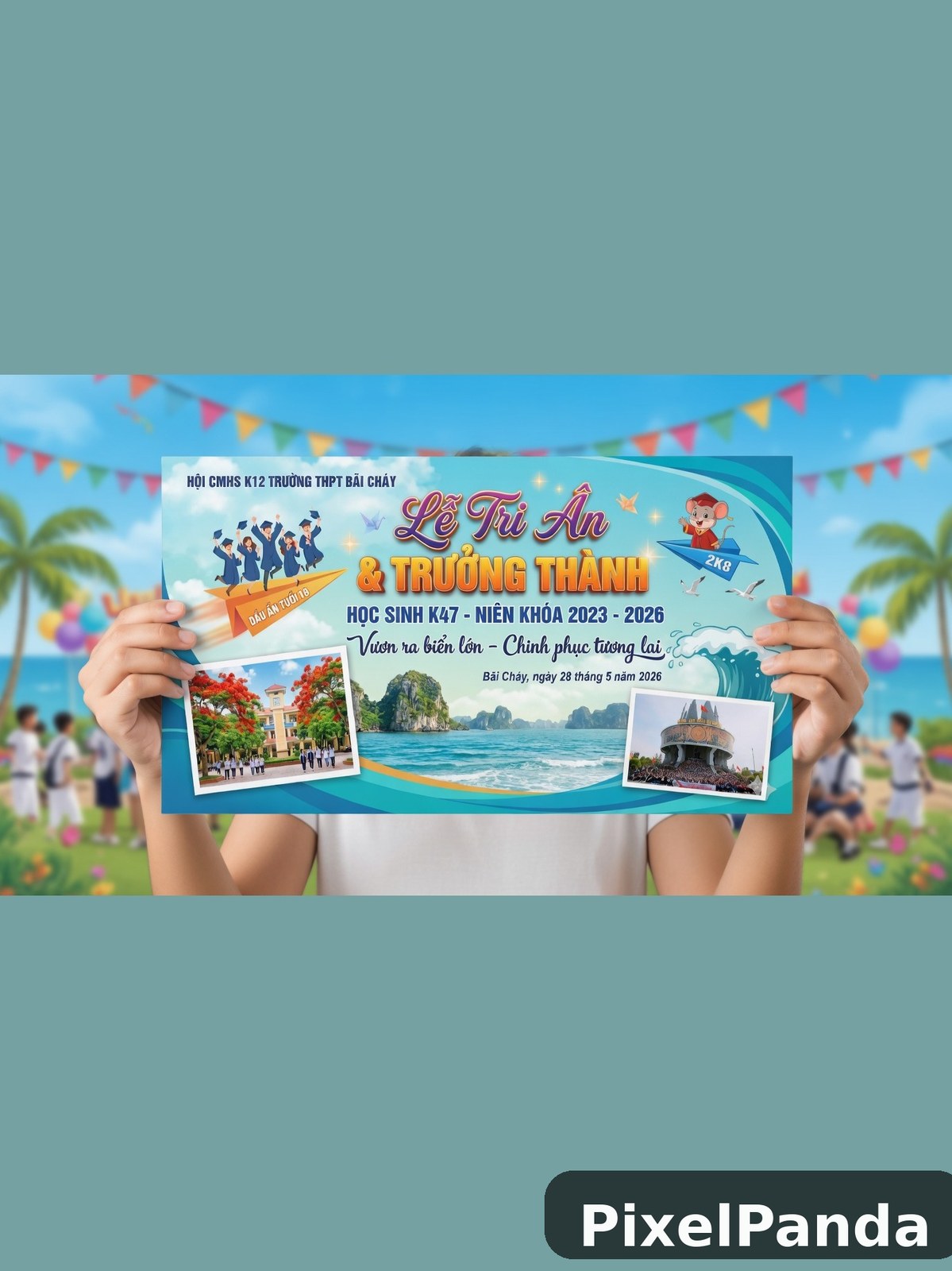 Student holding colorful school farewell banner with beach scenery