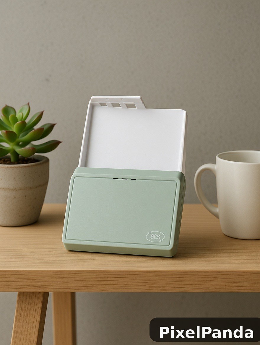 Sage green desktop organizer with white file holder on wooden desk