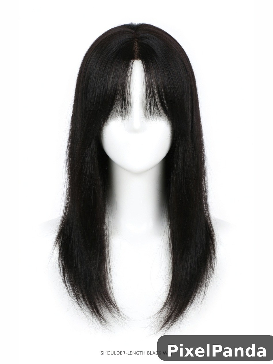 Shoulder-length black wig with center-parted bangs on white head form