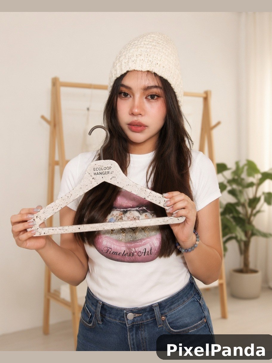 Person in cream beanie holding wooden hangers in minimalist room