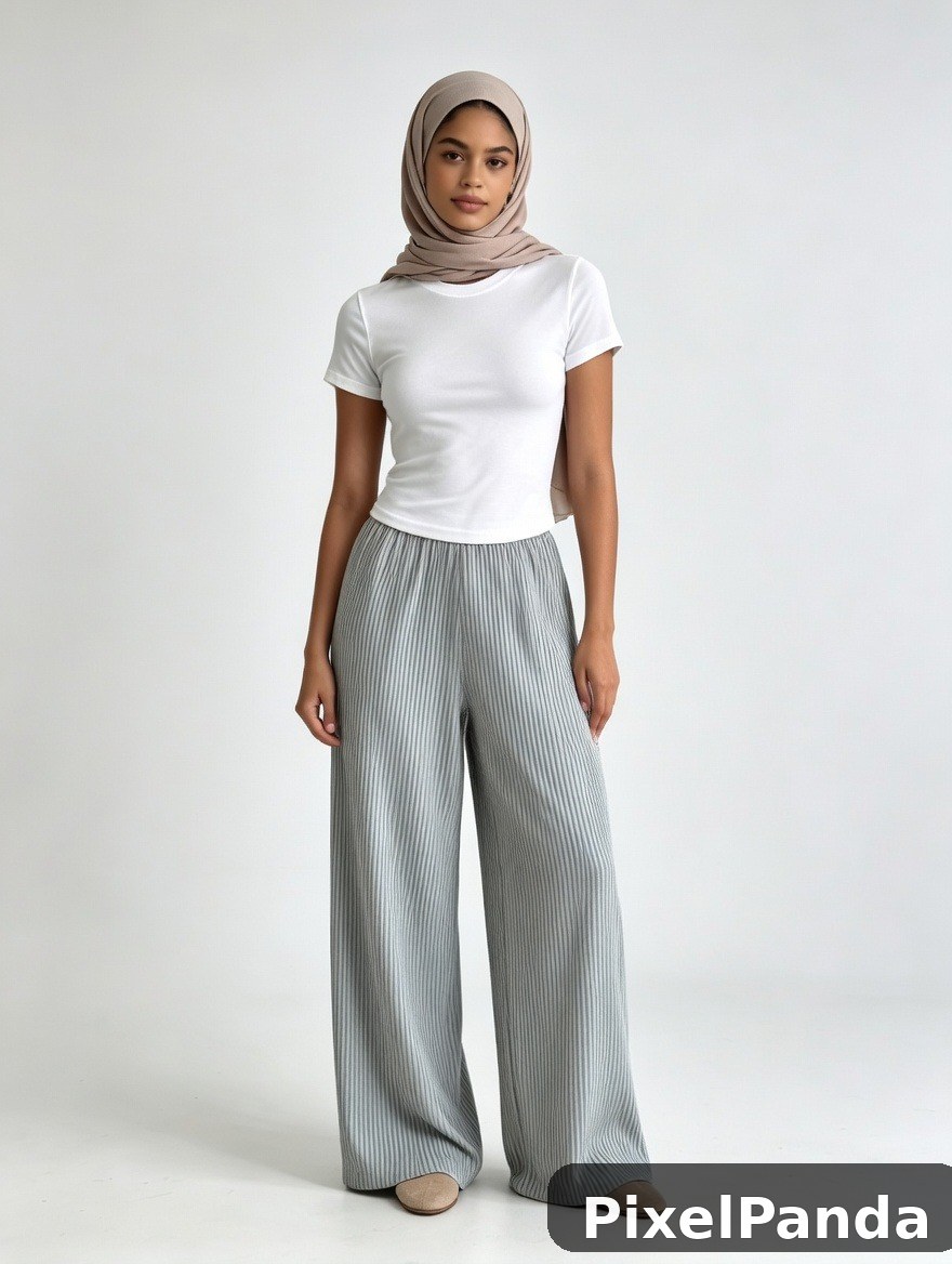 Woman in beige hijab with white tee and ribbed gray pants