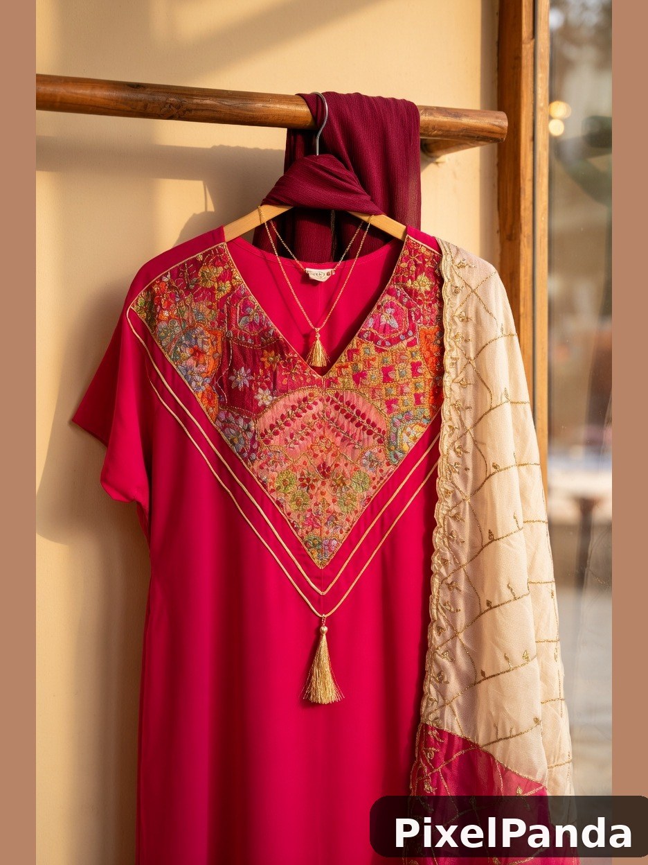 Red and cream embroidered tunic with gold trim on wooden hanger