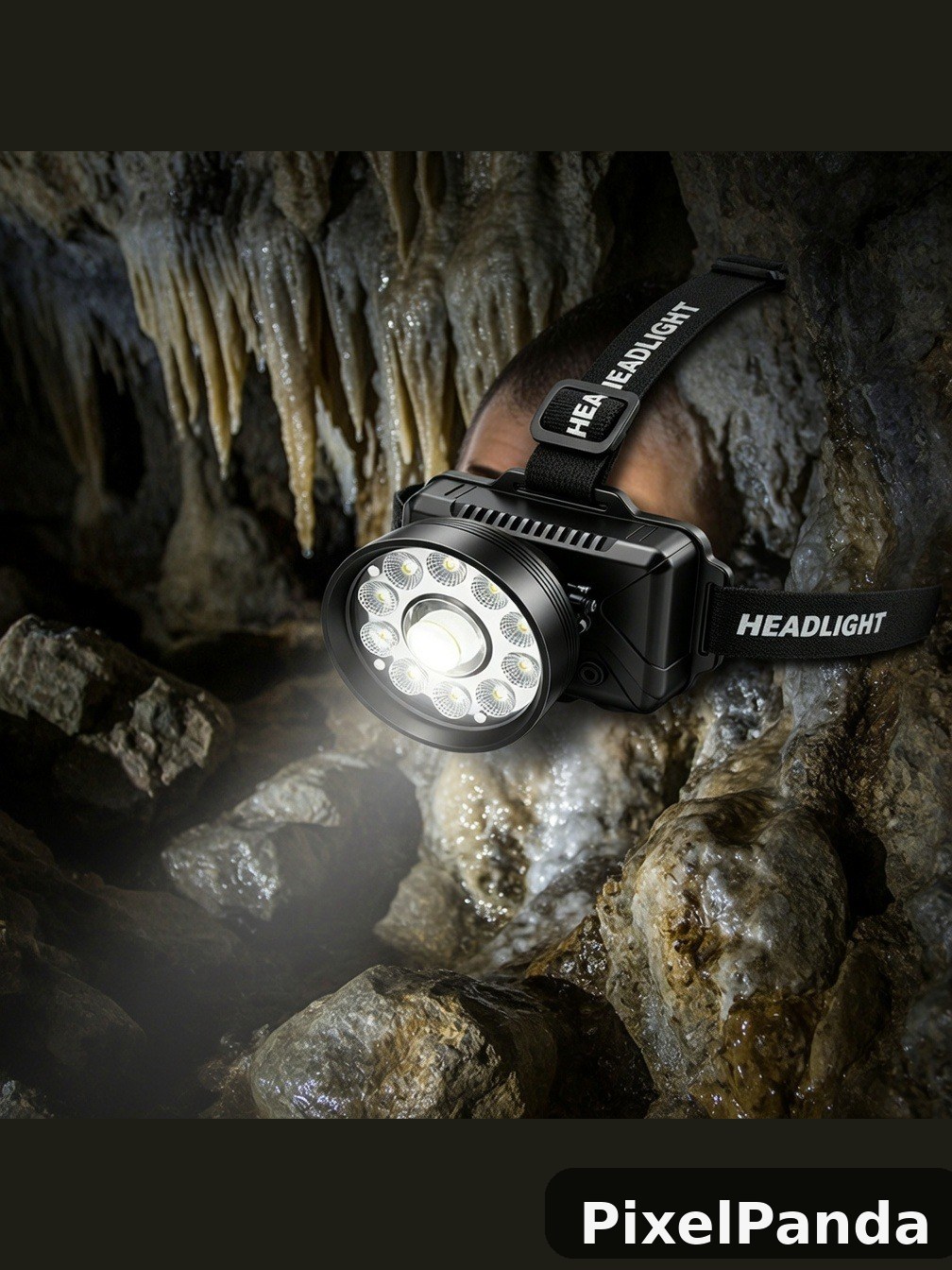 LED headlamp mounted on cave wall with stalactites