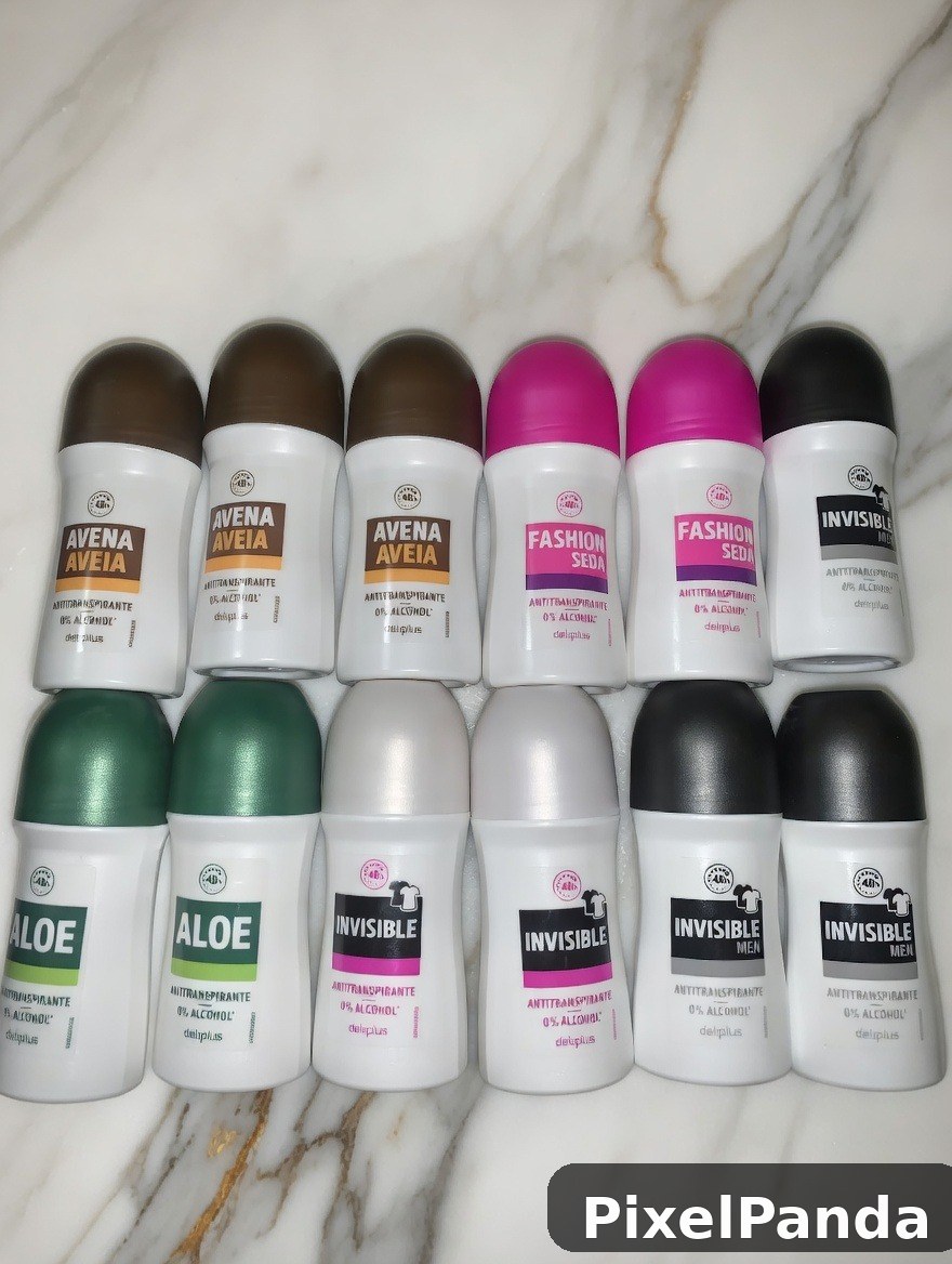 Collection of roll-on deodorants arranged in two rows on marble