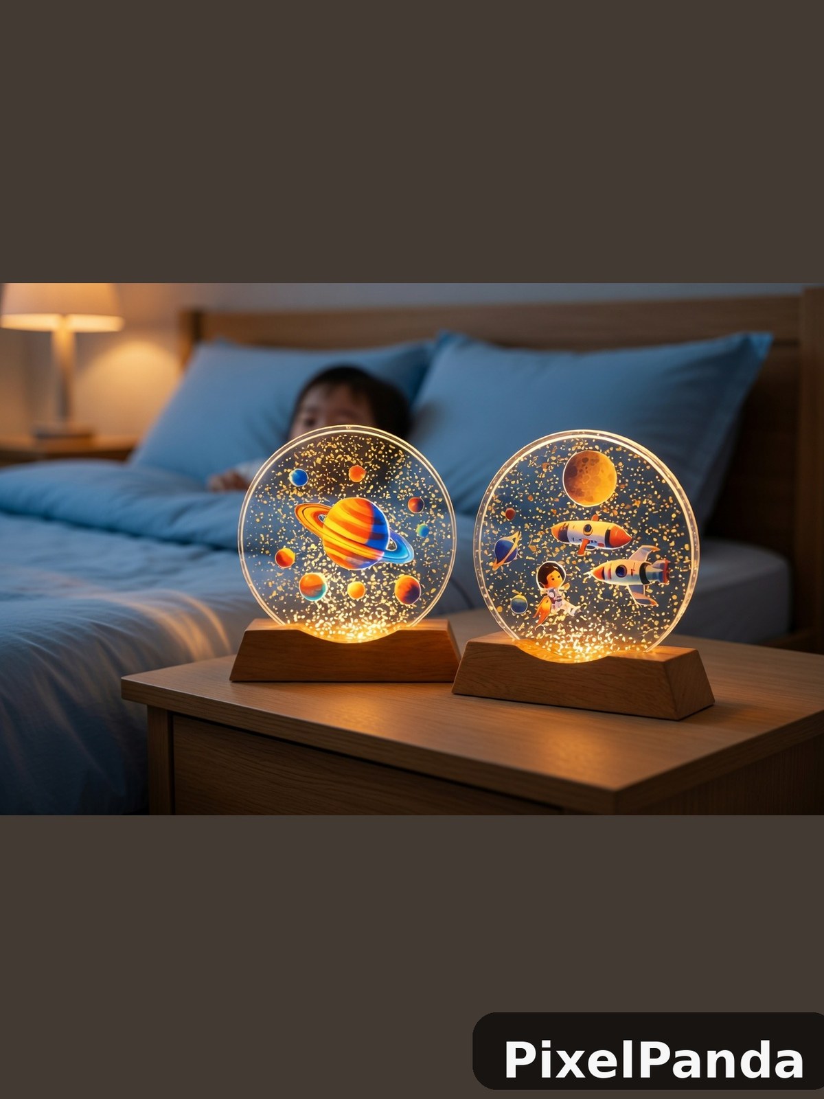 Two illuminated globe lamps with space and rocket designs on nightstand