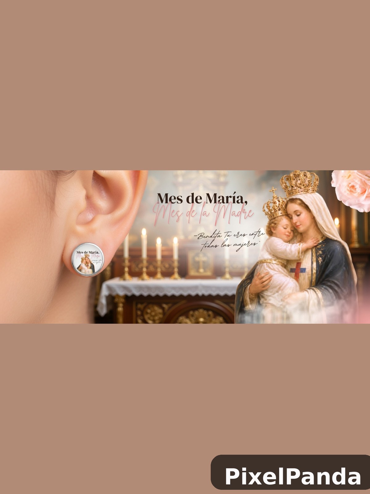 Religious pendant earring with Madonna and child imagery