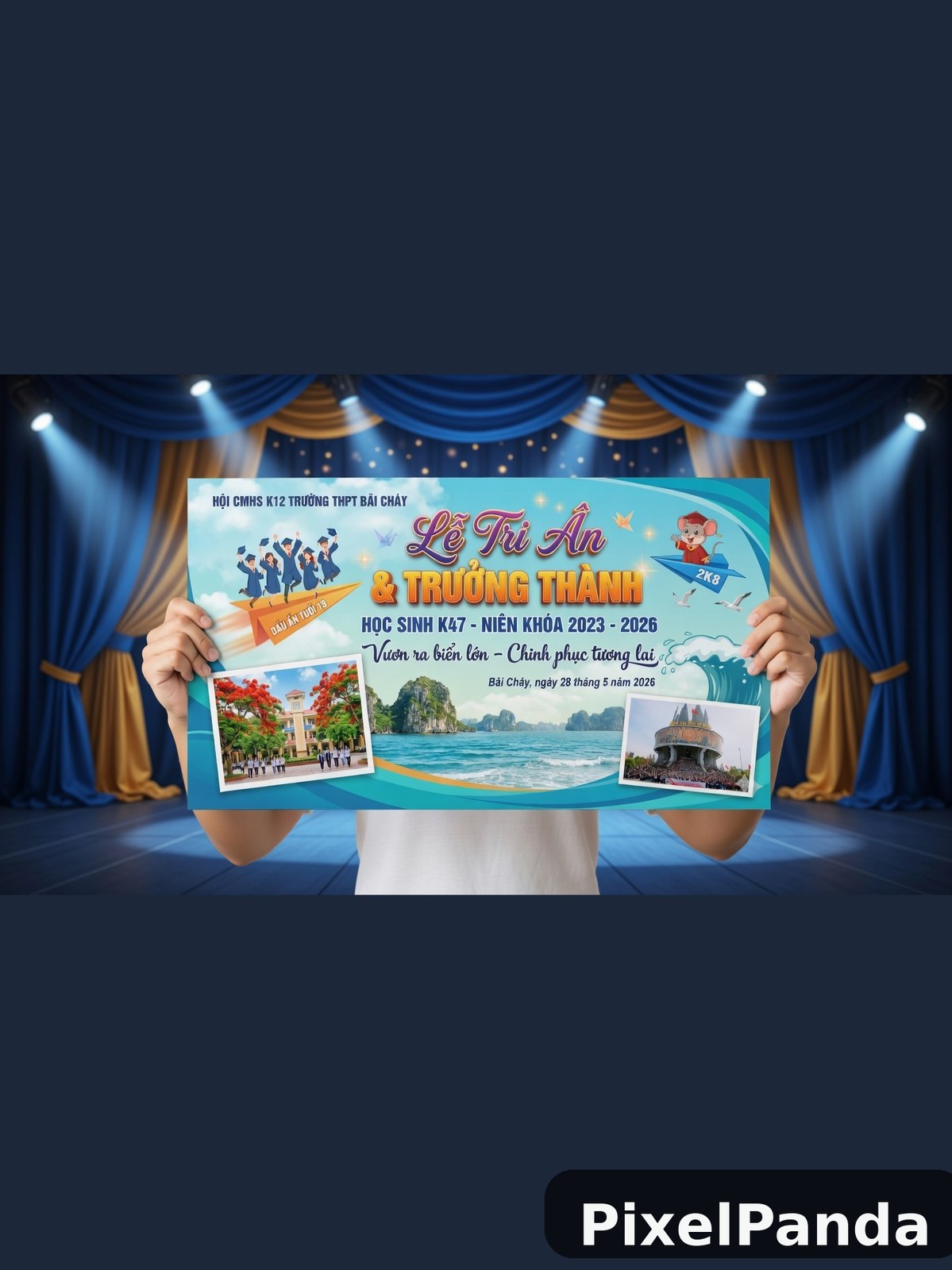 Student holding turquoise school celebration banner on stage