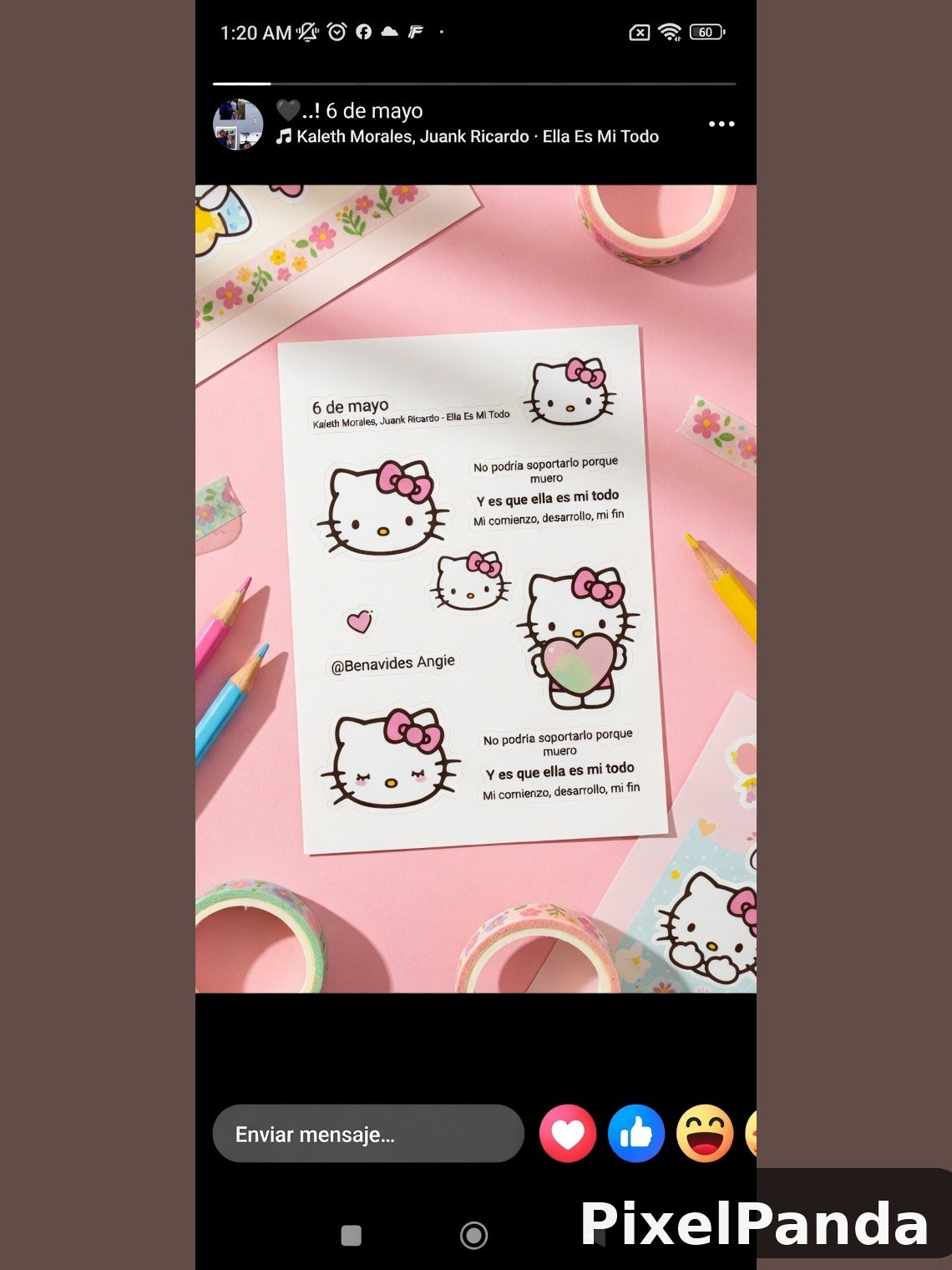 Hello Kitty illustrated note with Spanish love lyrics on pink background