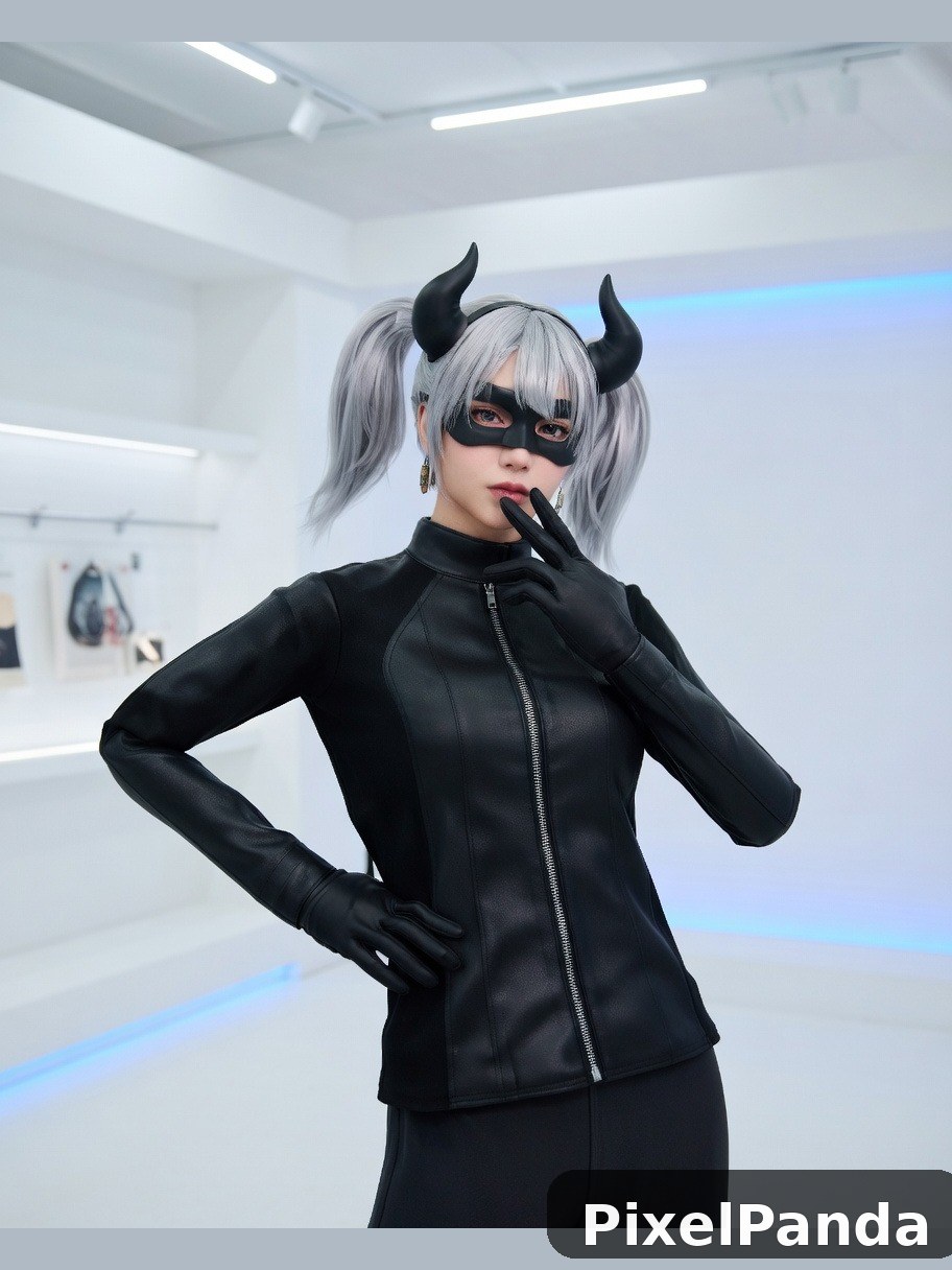 Figure in black bodysuit with horns and mask in minimalist white space