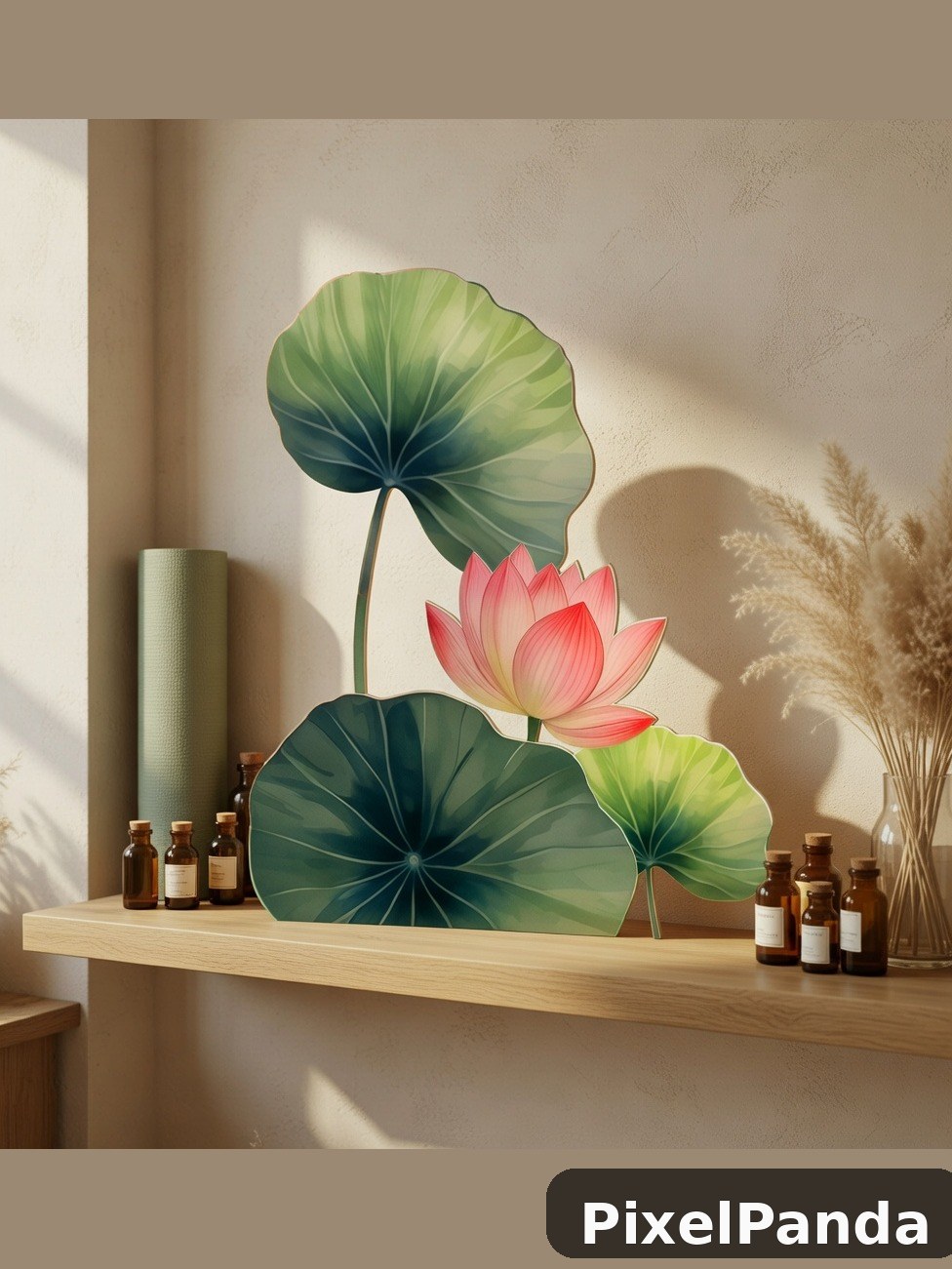 Pink lotus flower with green lily pads on wooden shelf