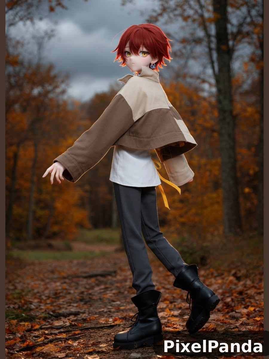 Red-haired figure in tan jacket and boots on autumn forest path