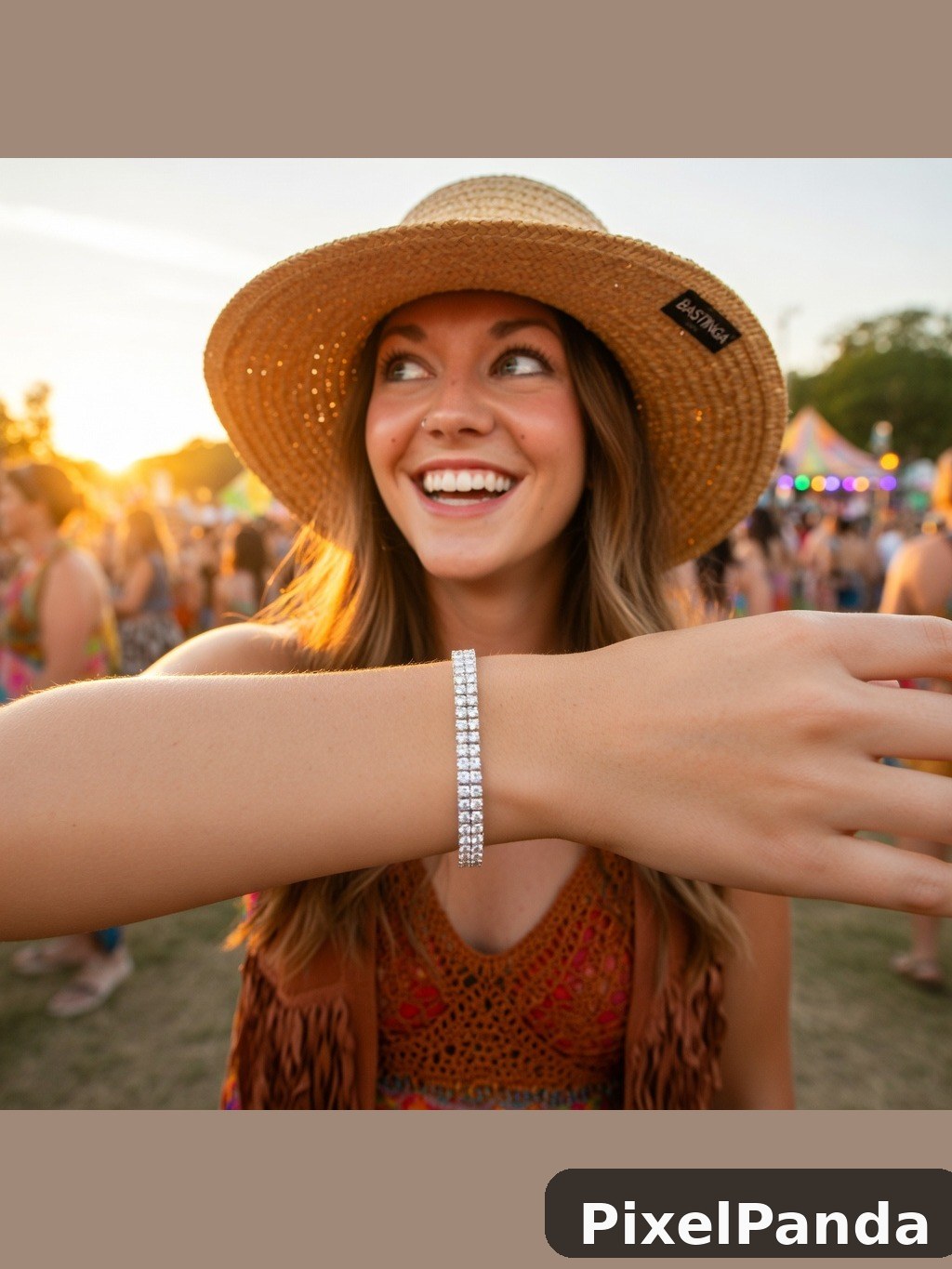 Woman in straw hat and fringe top at outdoor festival