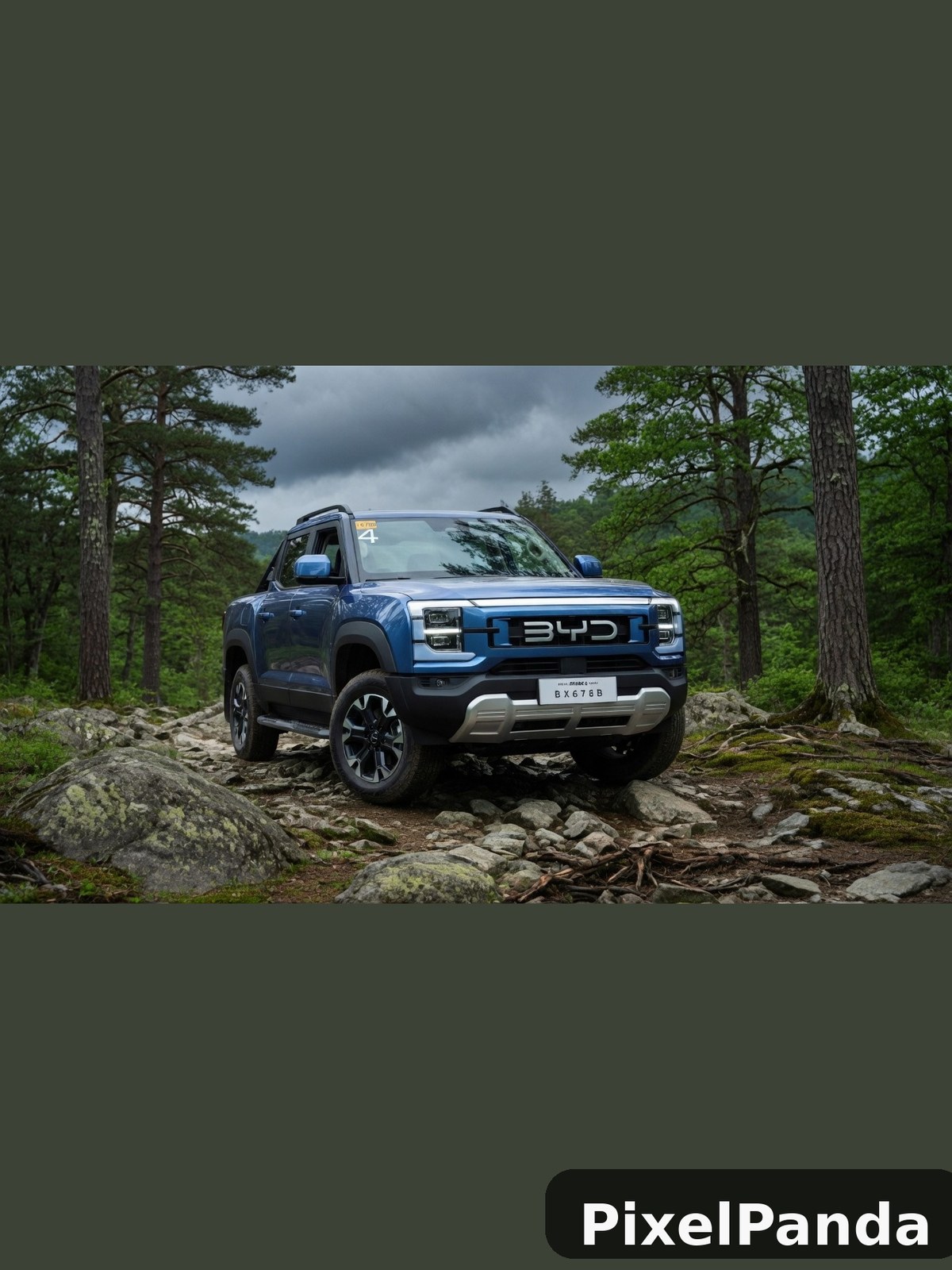Blue electric truck parked on rocky terrain in forest