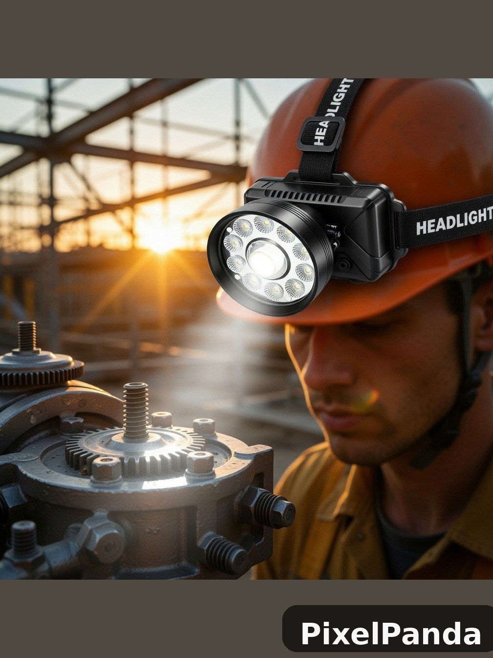 Worker wearing hard hat with LED headlamp inspecting industrial machinery