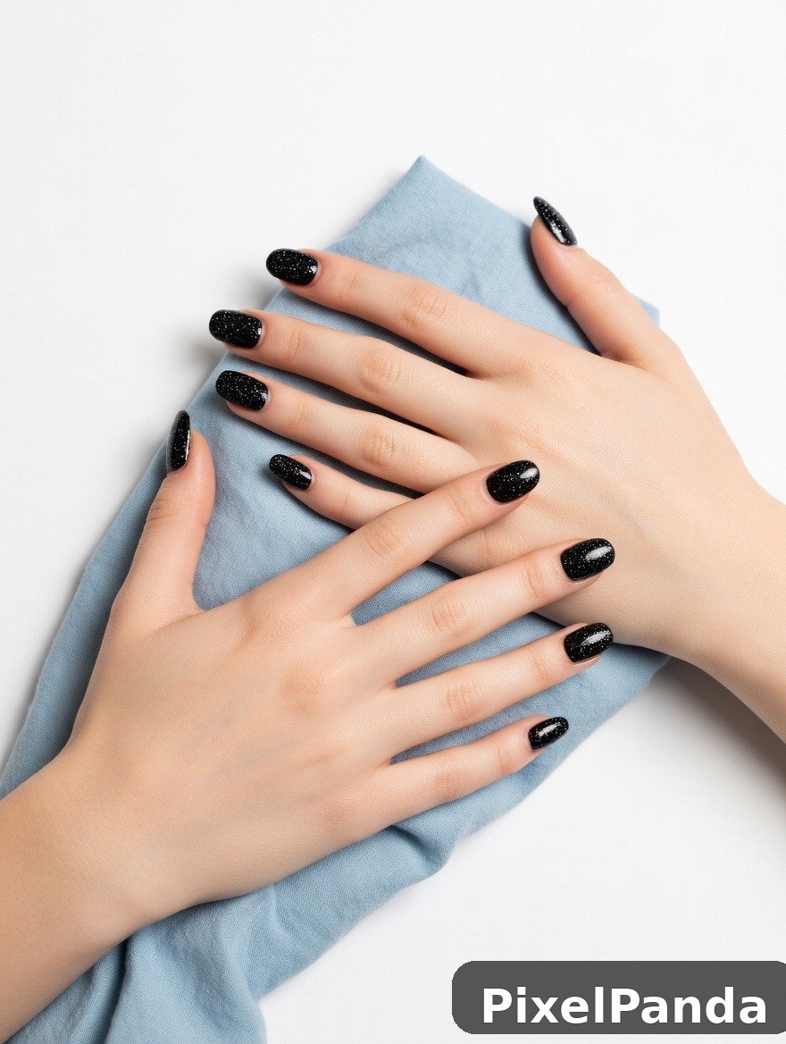 Black glitter nails on hands resting on light blue fabric