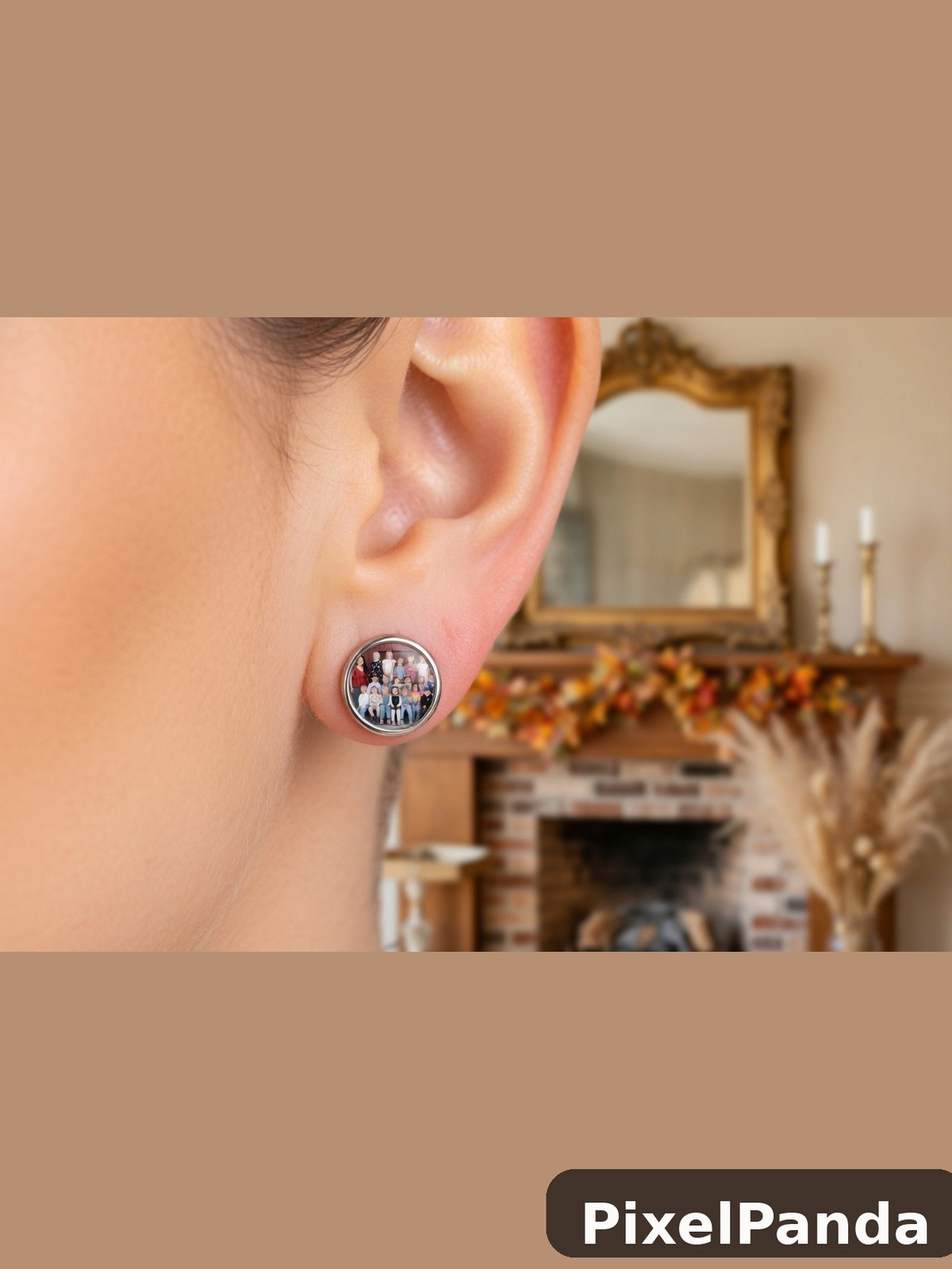 Circular photo memorial earring worn on earlobe