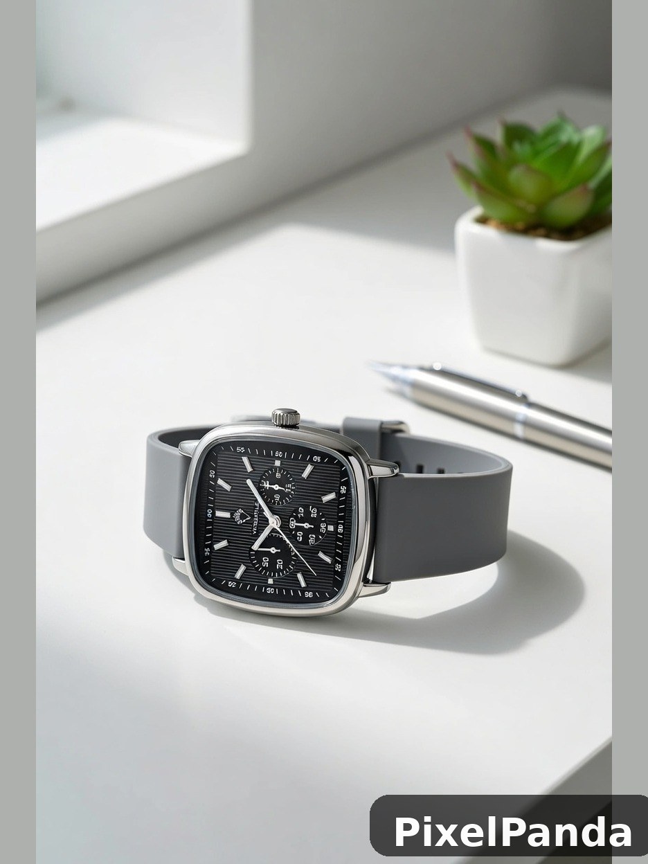 Square chronograph watch with black dial and gray rubber strap on white desk