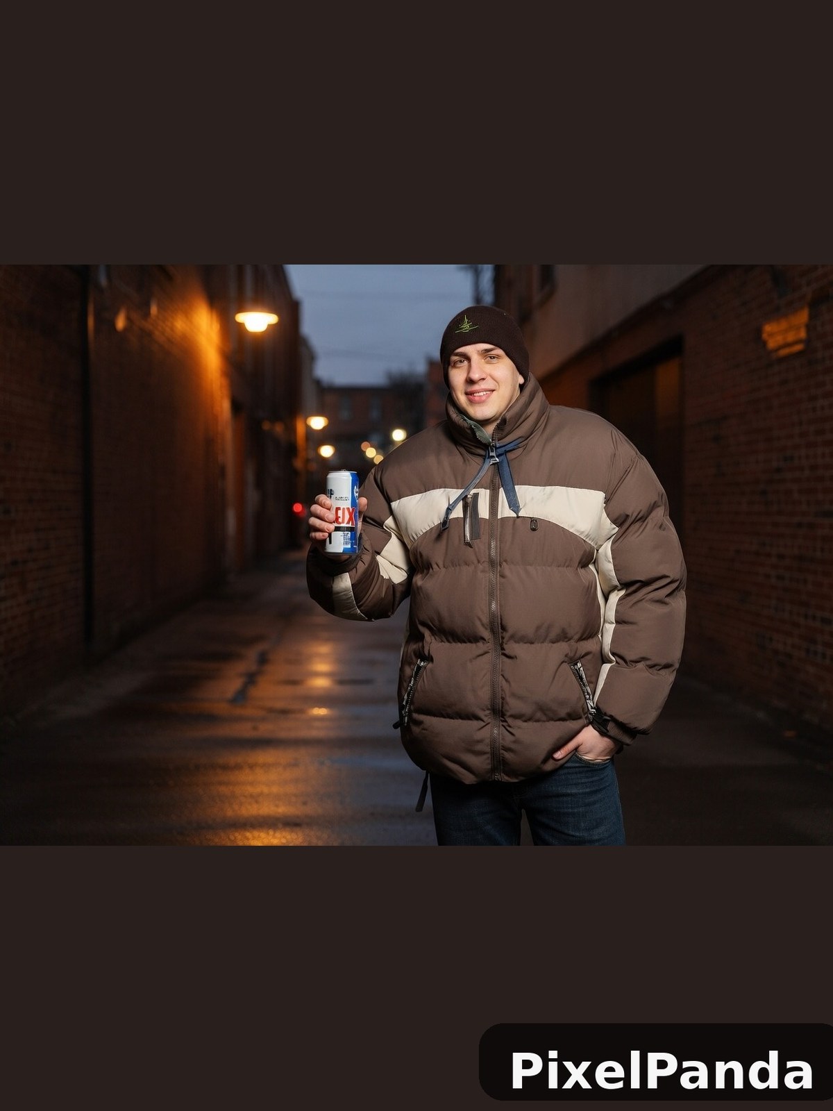 Person in brown puffer jacket holding drink in urban alley at dusk