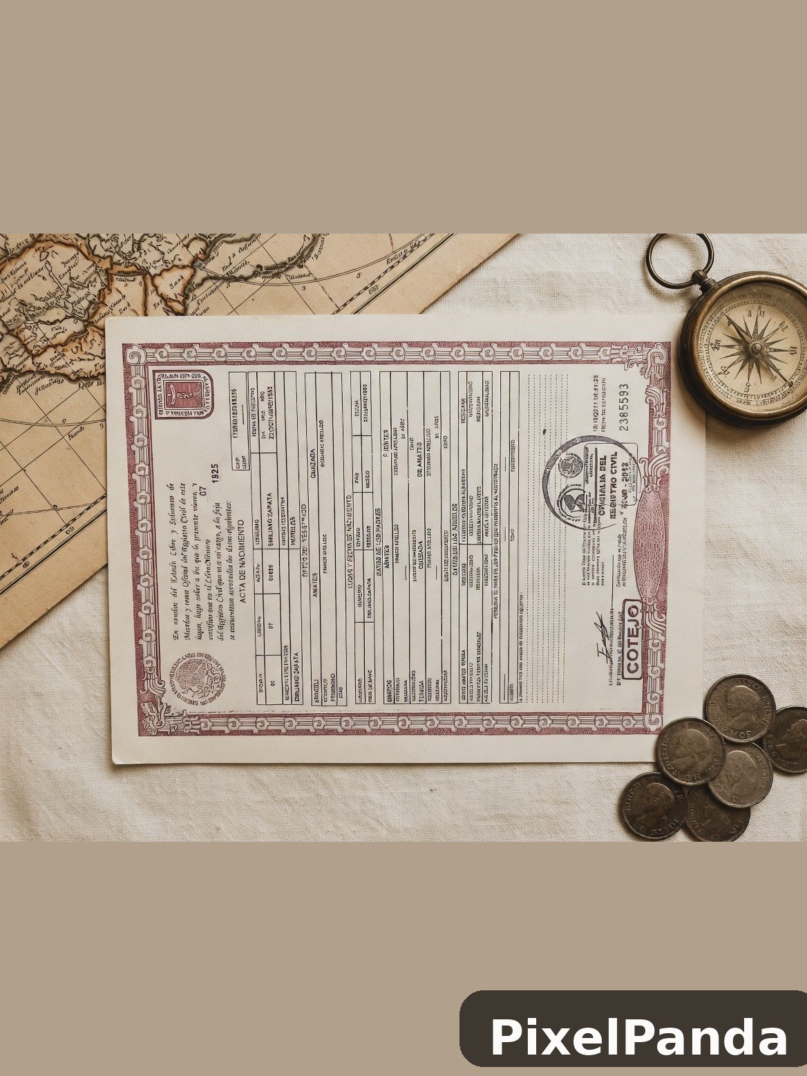 Vintage document with compass and coins on antique maps